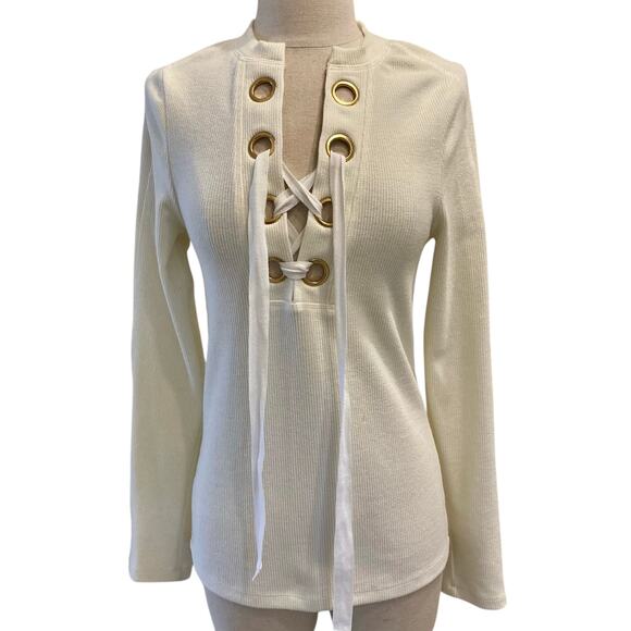 Derek Lam 10 Crosby Intermix sweater, Womens medum ribbed Lace-Up Ivory pullover - Picture 7 of 8